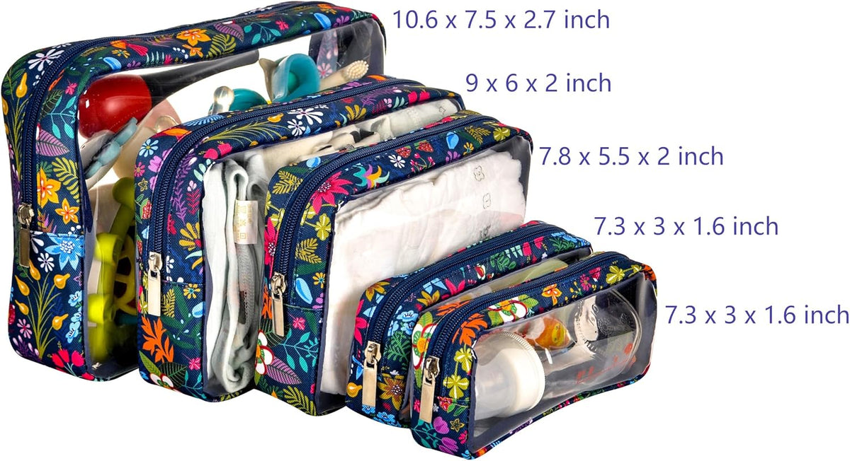 TSA Approved 5-Piece Diaper Bag Organizer Pouch Set Clear Waterproof TPU Kids Toiletry Storage Set Travel Packing Clutch Cube Bags for Baby Nursing(Dinosour)