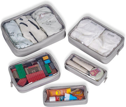 TSA Approved 5-Piece Diaper Bag Organizer Pouch Set Clear Waterproof TPU Kids Toiletry Storage Set Travel Packing Clutch Cube Bags for Baby Nursing(Dinosour)