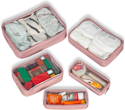TSA Approved 5-Piece Diaper Bag Organizer Pouch Set Clear Waterproof TPU Kids Toiletry Storage Set Travel Packing Clutch Cube Bags for Baby Nursing(Dinosour)