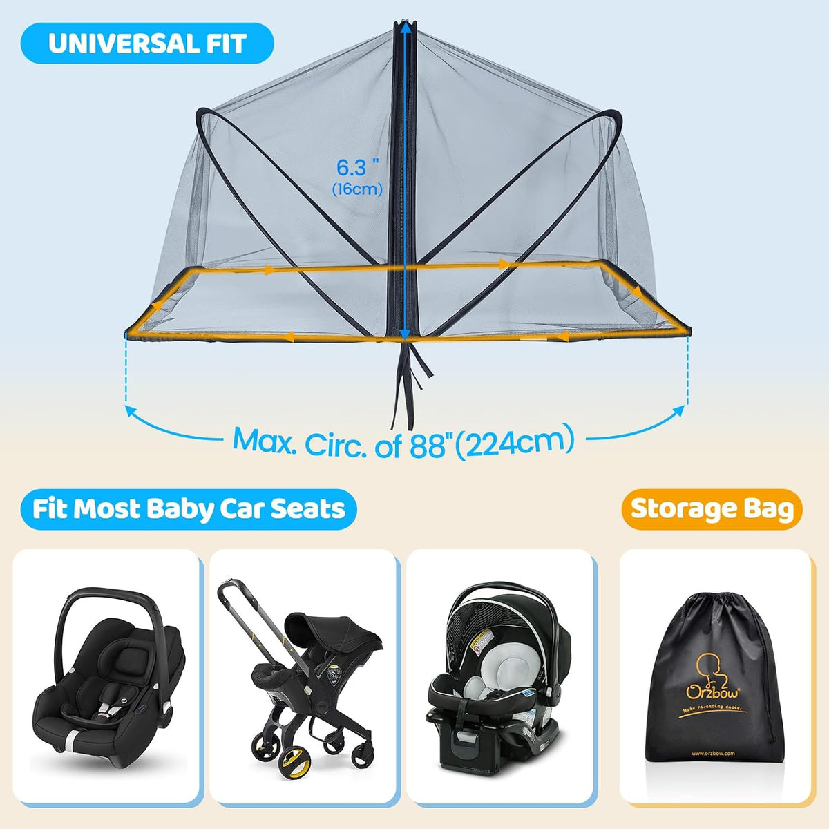 Orzbow Mosquito Net, Sun Shade for Car Seat and Doona Stroller, Black