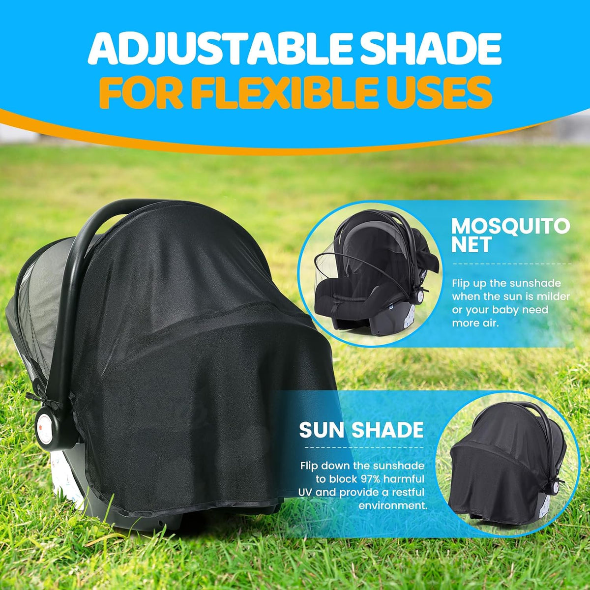 Orzbow Mosquito Net, Sun Shade for Car Seat and Doona Stroller, Black