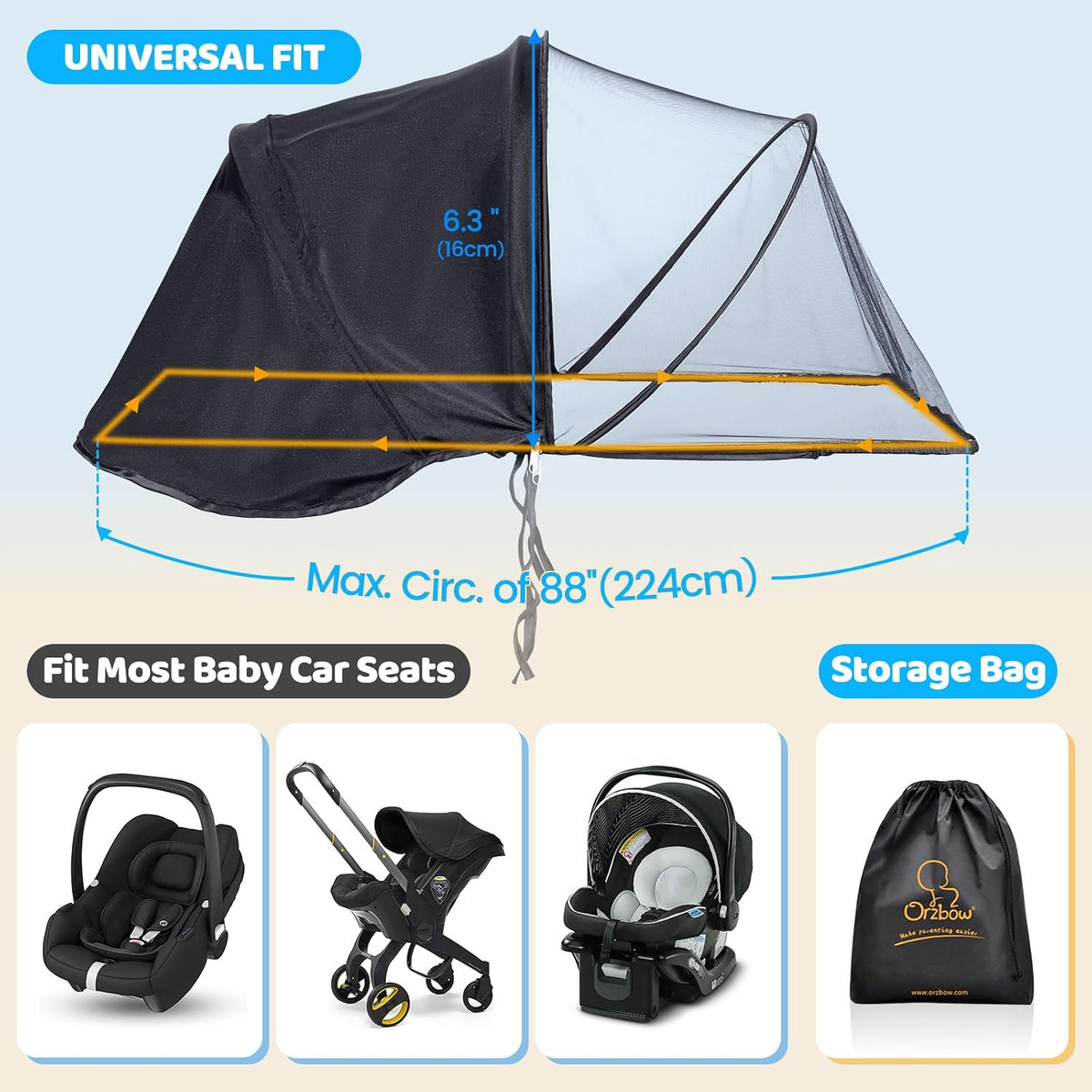 Orzbow Mosquito Net, Sun Shade for Car Seat and Doona Stroller, Black