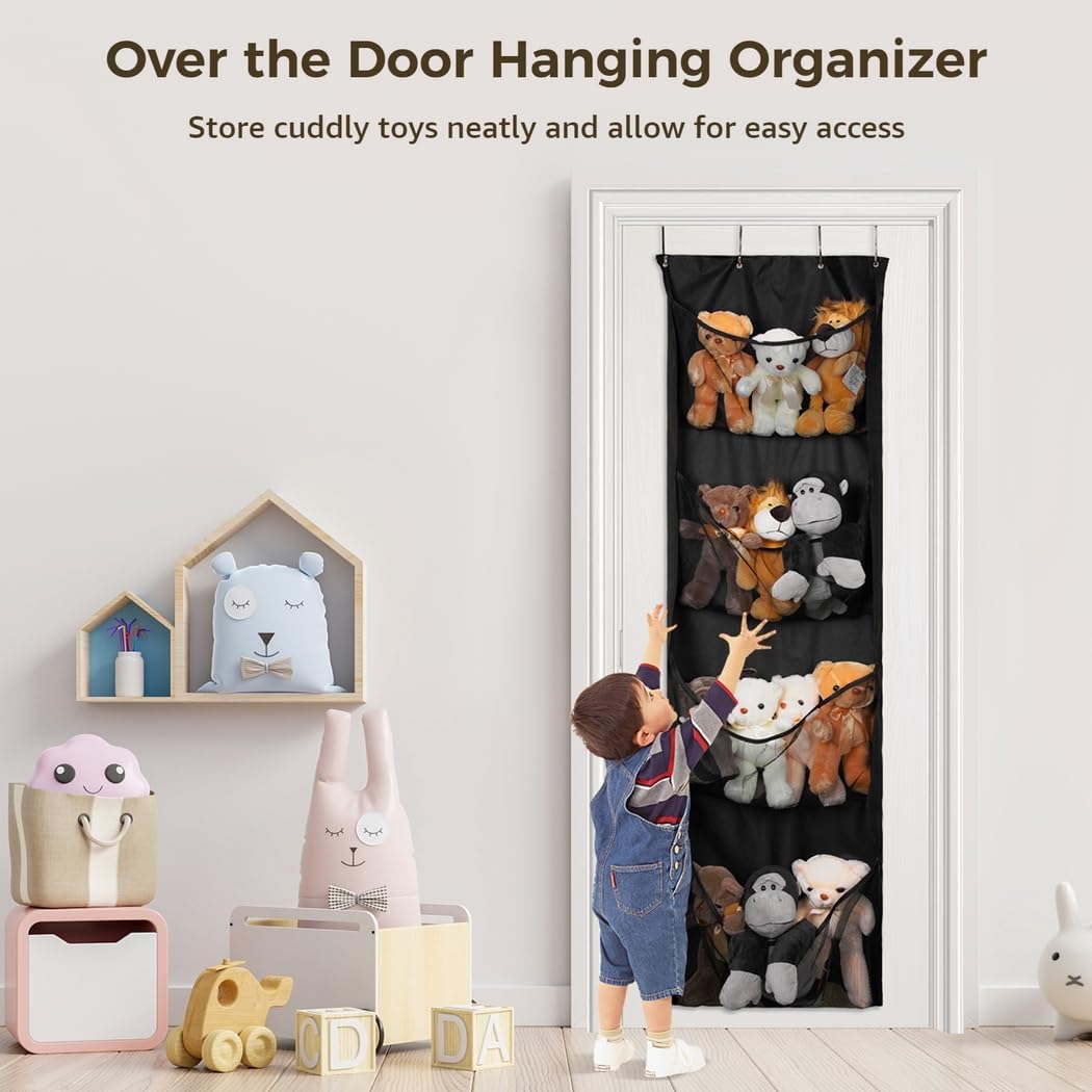 Large Stuffed Animal Storage, Over the Door Organizer with 4 Mesh Pockets, Hanging Holder for Nursery, Cuddly Toy Storage Bag for Bedroom and Playroom