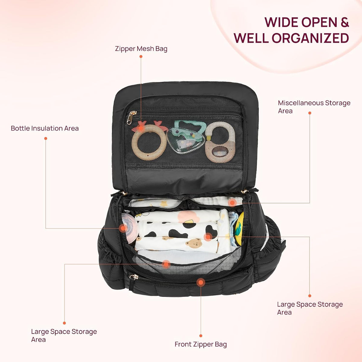 Diaper Bag Backpack, Large Capacity Stylish Baby Bag Backpacks with Bottle insulation Area Changing Mat, Mommy Bag Pink