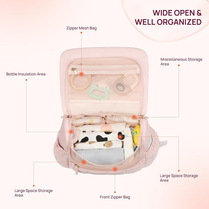 Diaper Bag Backpack, Large Capacity Stylish Baby Bag Backpacks with Bottle insulation Area Changing Mat, Mommy Bag Pink