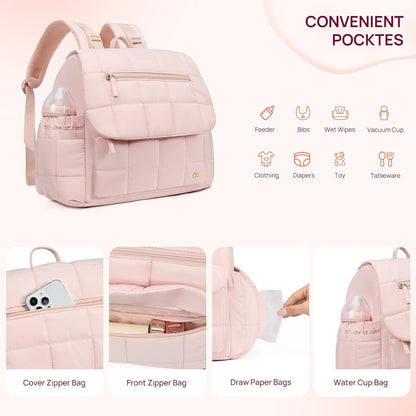 Diaper Bag Backpack, Large Capacity Stylish Baby Bag Backpacks with Bottle insulation Area Changing Mat, Mommy Bag Pink