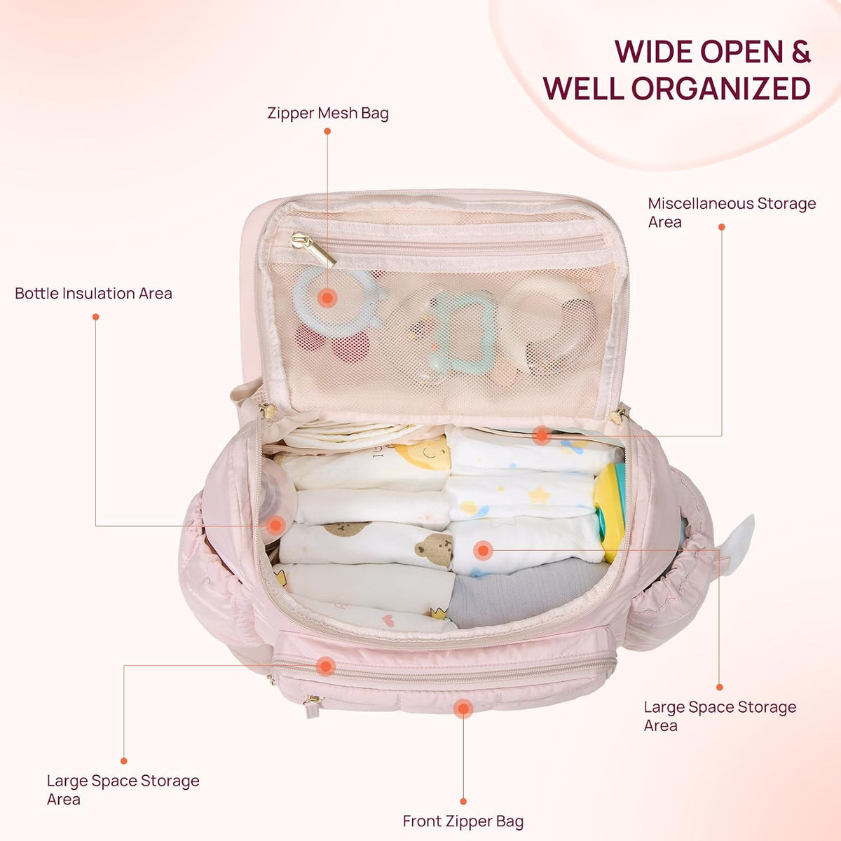 Diaper Bag Backpack, Large Capacity Stylish Baby Bag Backpacks with Bottle insulation Area Changing Mat, Mommy Bag Pink