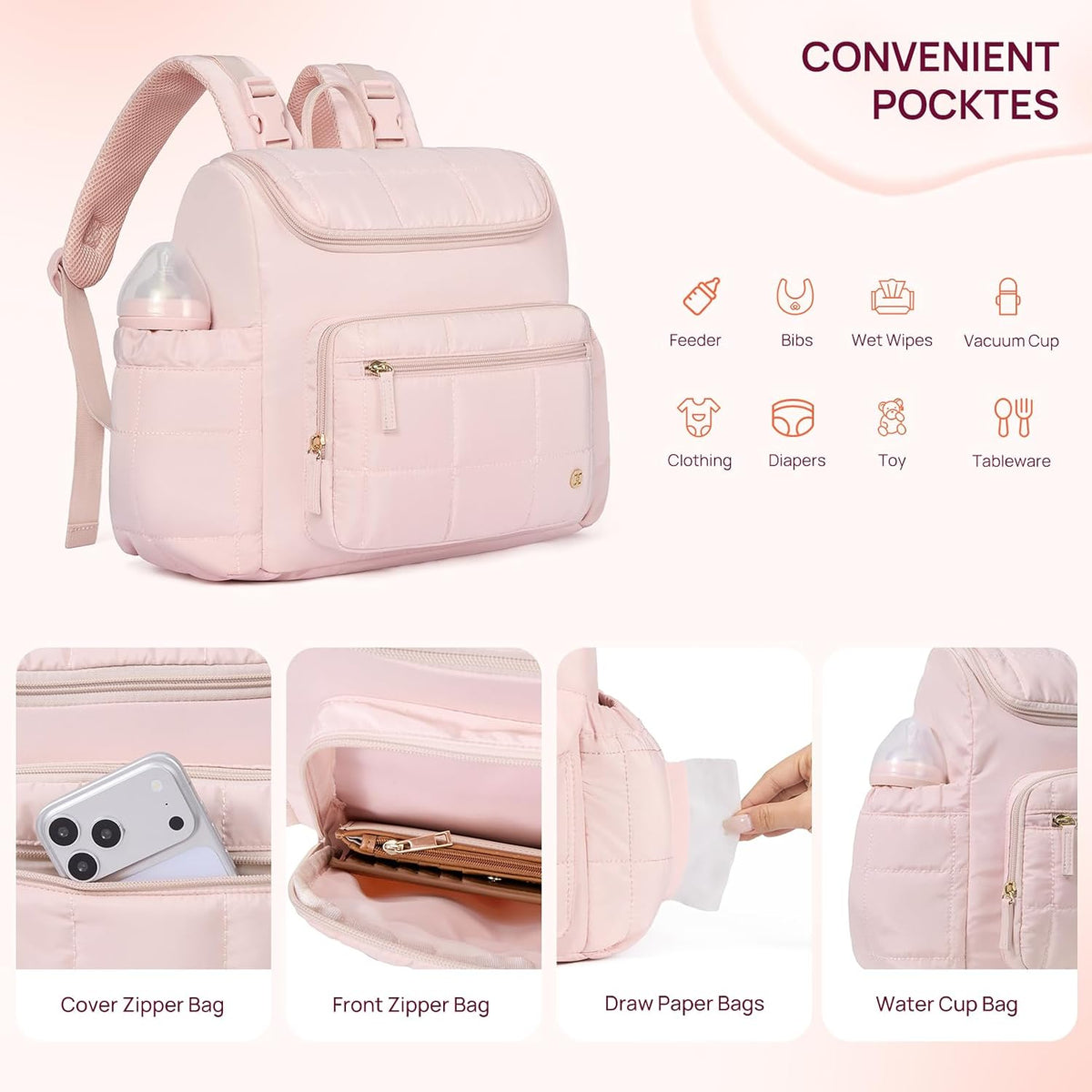 Diaper Bag Backpack, Large Capacity Stylish Baby Bag Backpacks with Bottle insulation Area Changing Mat, Mommy Bag Pink