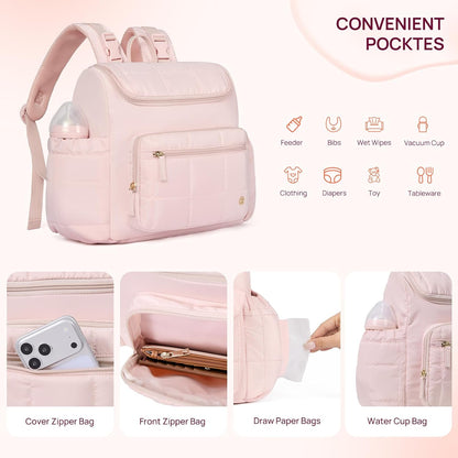 Diaper Bag Backpack, Large Capacity Stylish Baby Bag Backpacks with Bottle insulation Area Changing Mat, Mommy Bag Pink