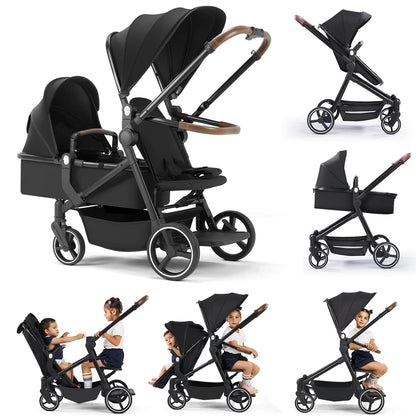 Convertible Single-to-Double Baby Stroller, 2-in-1 Carry Cot & Toddler Seat for 0-36 Months, Large PU Wheels with All-Wheel Suspension, UPF50+ Extendable Canopy
