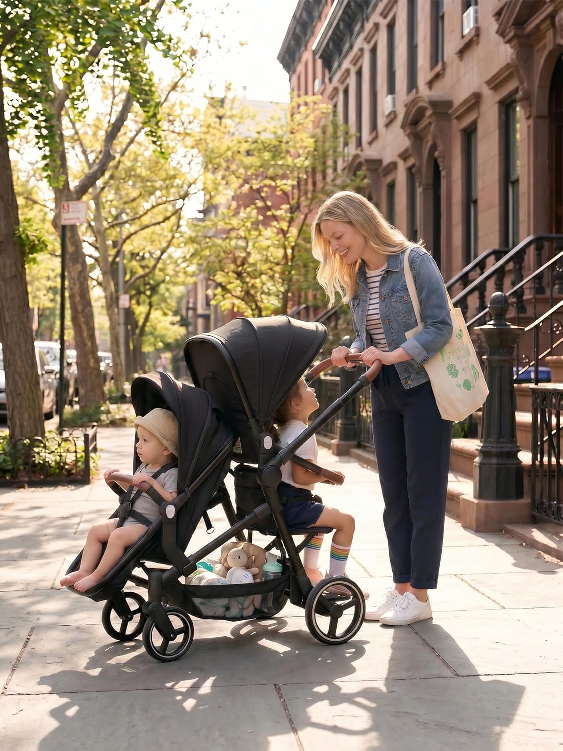 Convertible Single-to-Double Baby Stroller, 2-in-1 Carry Cot & Toddler Seat for 0-36 Months, Large PU Wheels with All-Wheel Suspension, UPF50+ Extendable Canopy