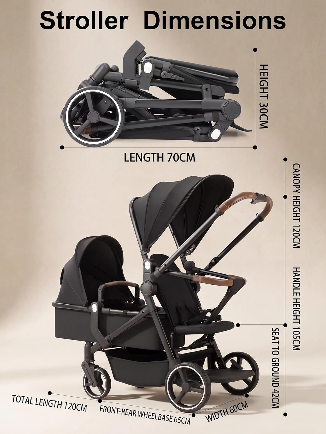 Convertible Single-to-Double Baby Stroller, 2-in-1 Carry Cot & Toddler Seat for 0-36 Months, Large PU Wheels with All-Wheel Suspension, UPF50+ Extendable Canopy