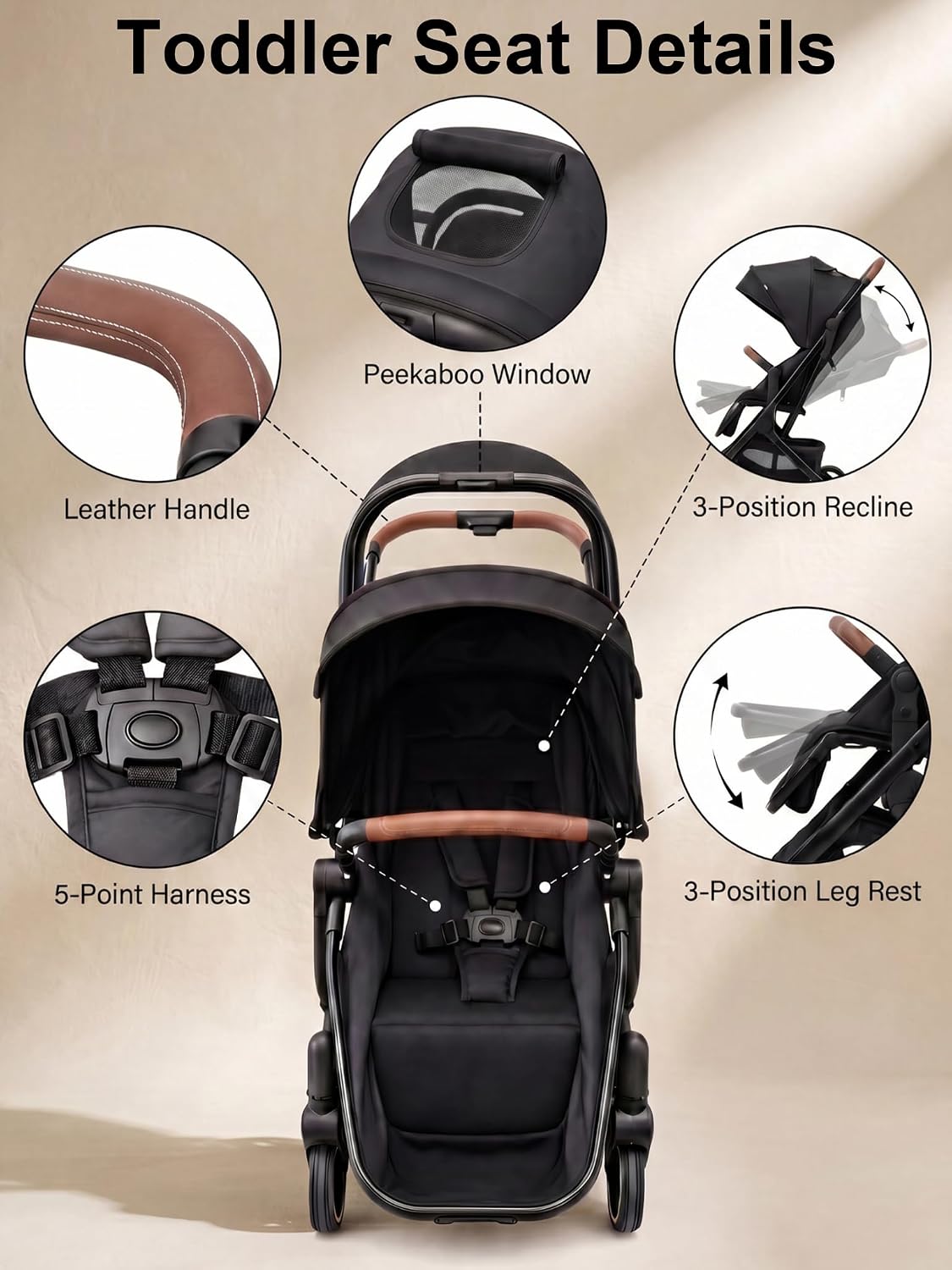 Convertible Single-to-Double Baby Stroller, 2-in-1 Carry Cot & Toddler Seat for 0-36 Months, Large PU Wheels with All-Wheel Suspension, UPF50+ Extendable Canopy