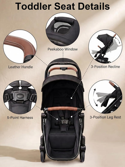 Convertible Single-to-Double Baby Stroller, 2-in-1 Carry Cot & Toddler Seat for 0-36 Months, Large PU Wheels with All-Wheel Suspension, UPF50+ Extendable Canopy