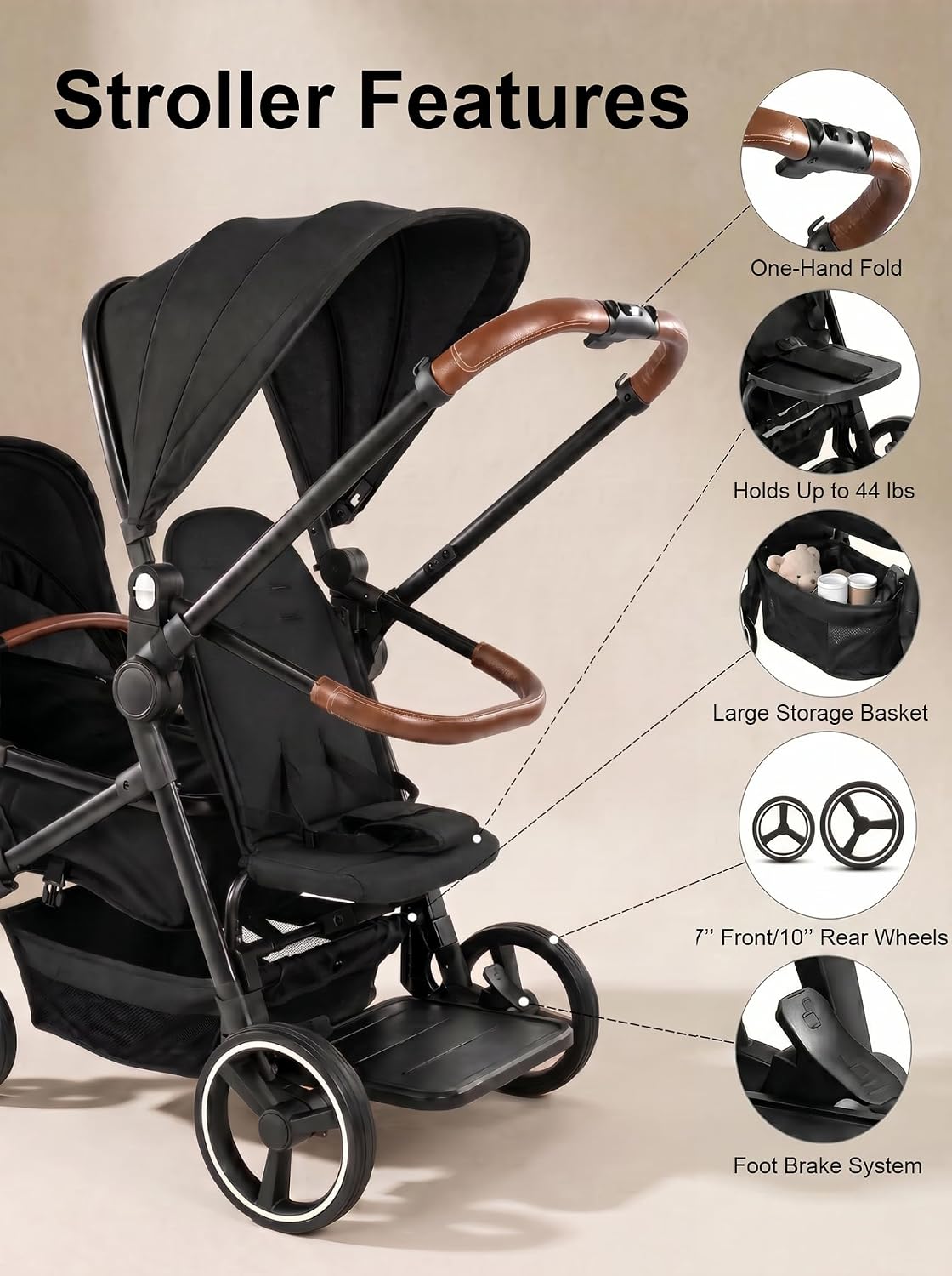 Convertible Single-to-Double Baby Stroller, 2-in-1 Carry Cot & Toddler Seat for 0-36 Months, Large PU Wheels with All-Wheel Suspension, UPF50+ Extendable Canopy