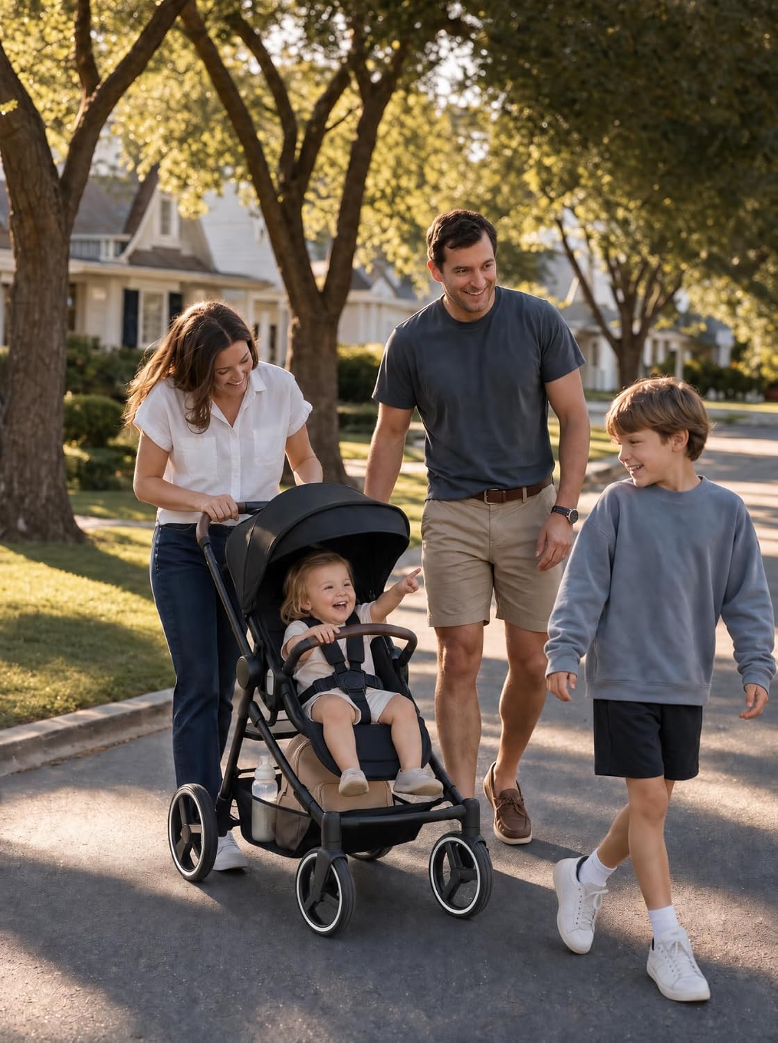 Convertible Single-to-Double Baby Stroller, 2-in-1 Carry Cot & Toddler Seat for 0-36 Months, Large PU Wheels with All-Wheel Suspension, UPF50+ Extendable Canopy