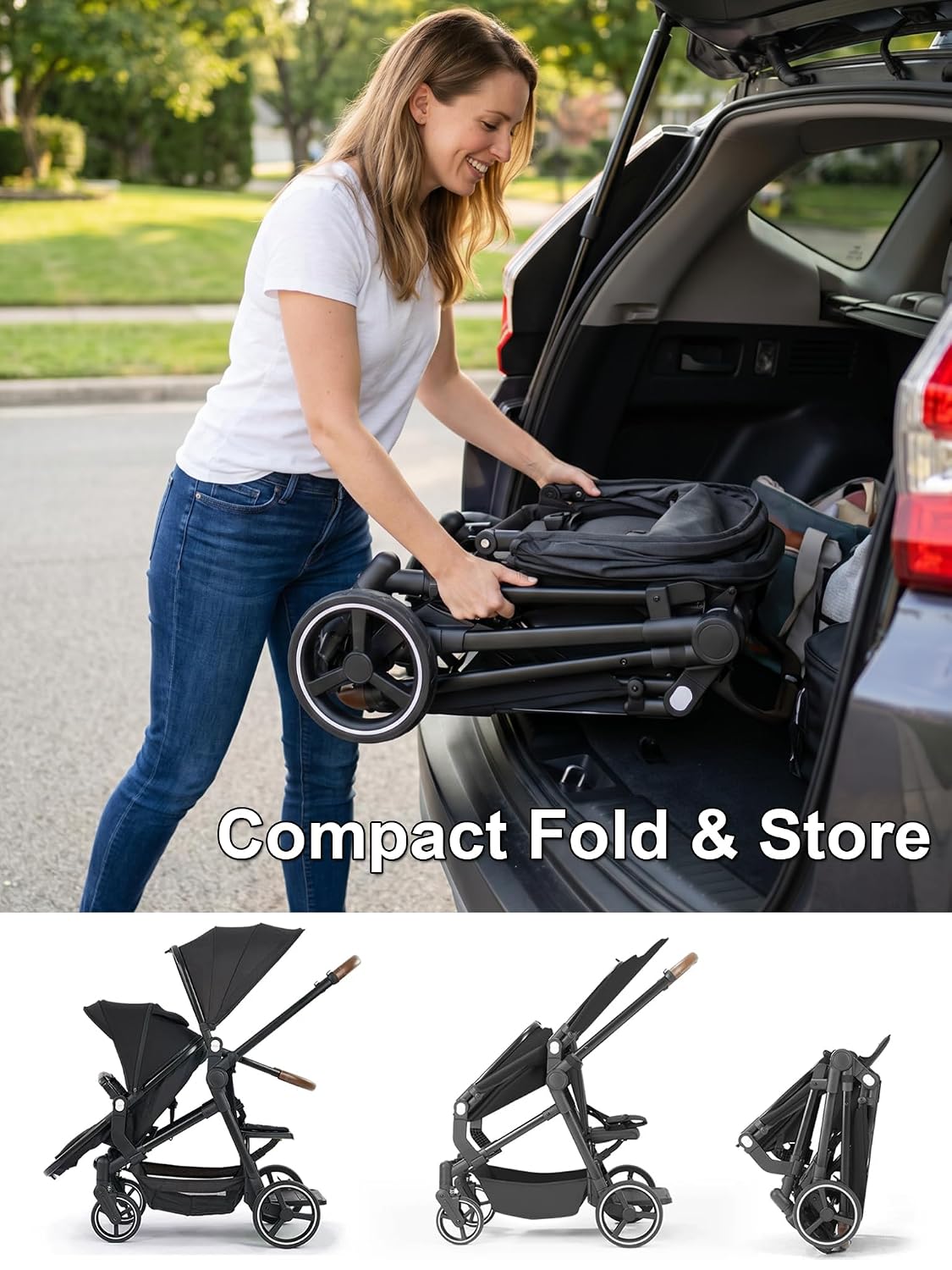 Convertible Single-to-Double Baby Stroller, 2-in-1 Carry Cot & Toddler Seat for 0-36 Months, Large PU Wheels with All-Wheel Suspension, UPF50+ Extendable Canopy