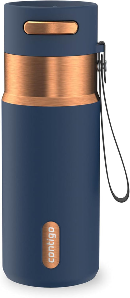 AutoSeal 24 oz Stainless Steel Vacuum-Insulated Water Bottle with Leakproof Push-Button Spout & Lock, Carry Strap, BPA-Free & Lead-Free, Dishwasher Safe