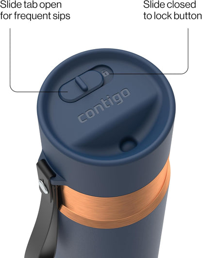 AutoSeal 24 oz Stainless Steel Vacuum-Insulated Water Bottle with Leakproof Push-Button Spout & Lock, Carry Strap, BPA-Free & Lead-Free, Dishwasher Safe