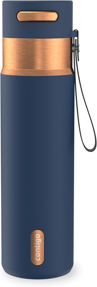 AutoSeal 24 oz Stainless Steel Vacuum-Insulated Water Bottle with Leakproof Push-Button Spout & Lock, Carry Strap, BPA-Free & Lead-Free, Dishwasher Safe