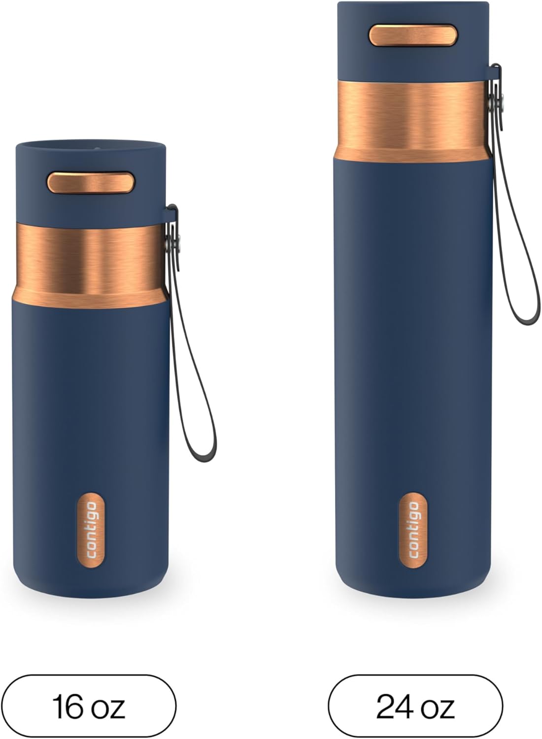 AutoSeal 24 oz Stainless Steel Vacuum-Insulated Water Bottle with Leakproof Push-Button Spout & Lock, Carry Strap, BPA-Free & Lead-Free, Dishwasher Safe
