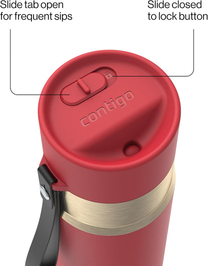 AutoSeal 24 oz Stainless Steel Vacuum-Insulated Water Bottle with Leakproof Push-Button Spout & Lock, Carry Strap, BPA-Free & Lead-Free, Dishwasher Safe
