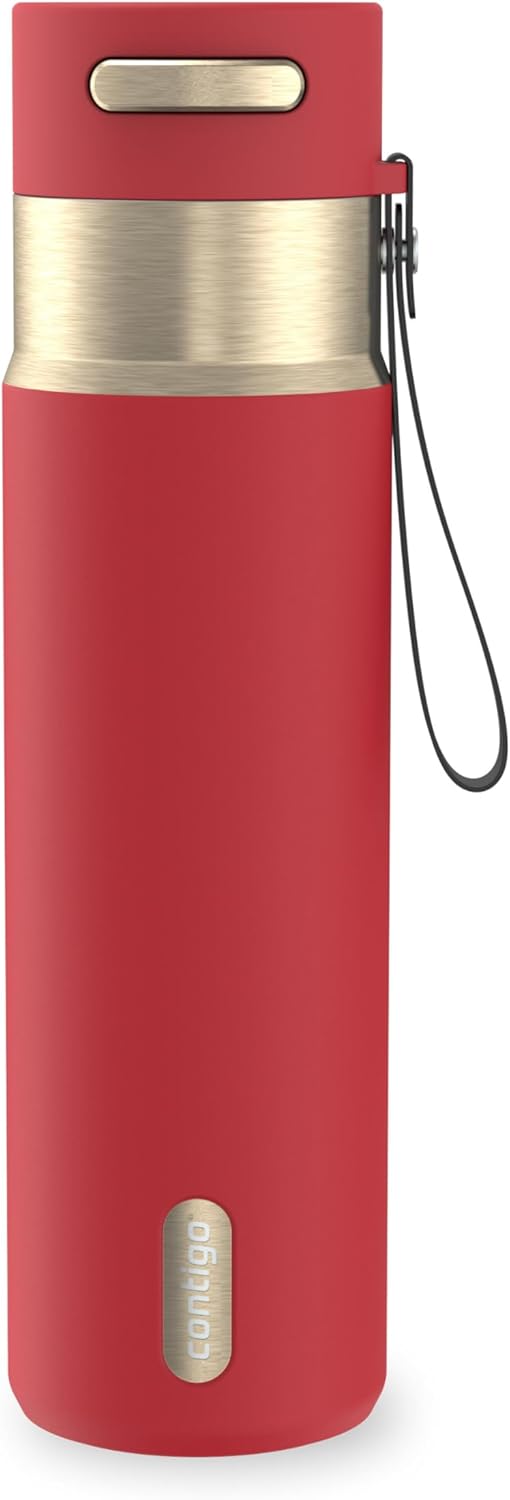AutoSeal 24 oz Stainless Steel Vacuum-Insulated Water Bottle with Leakproof Push-Button Spout & Lock, Carry Strap, BPA-Free & Lead-Free, Dishwasher Safe