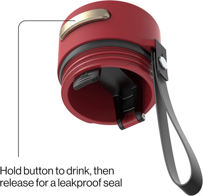 AutoSeal 24 oz Stainless Steel Vacuum-Insulated Water Bottle with Leakproof Push-Button Spout & Lock, Carry Strap, BPA-Free & Lead-Free, Dishwasher Safe