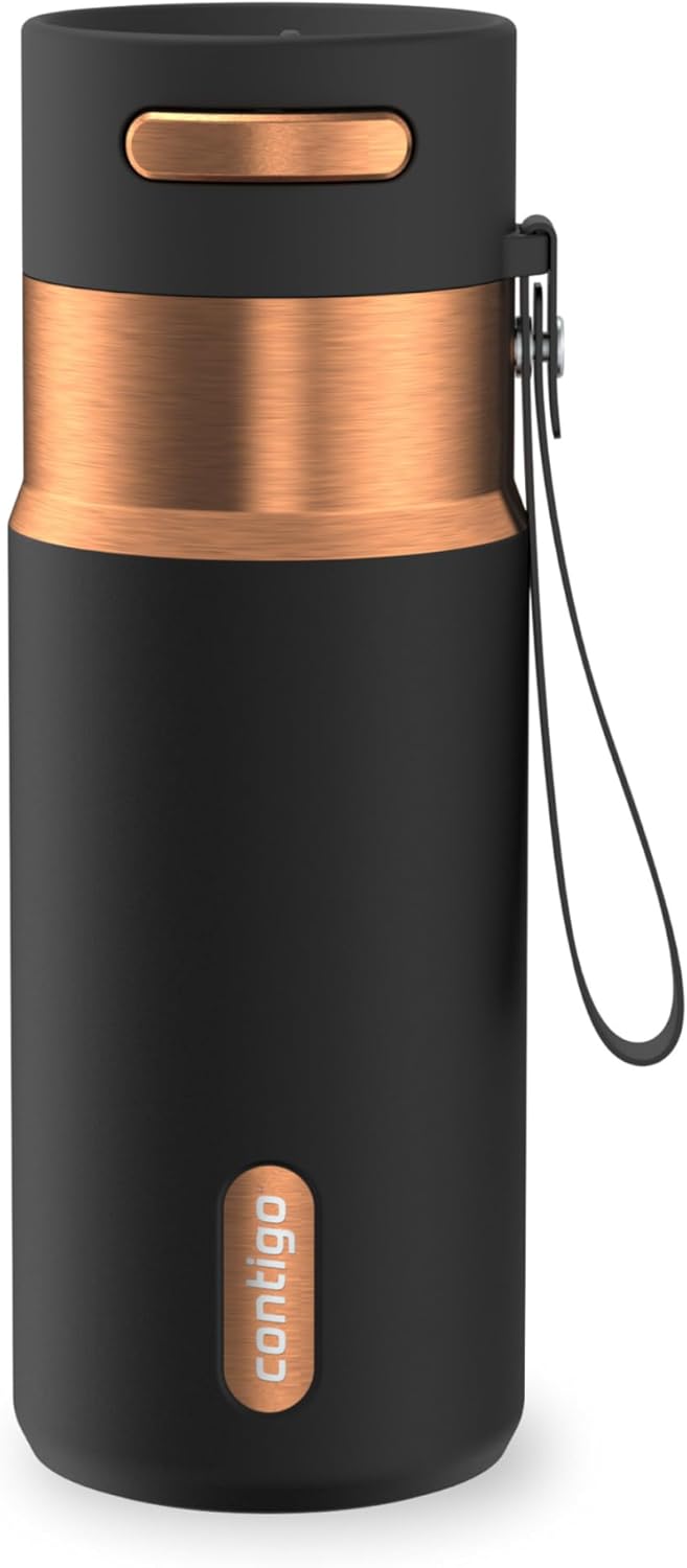 AutoSeal 24 oz Stainless Steel Vacuum-Insulated Water Bottle with Leakproof Push-Button Spout & Lock, Carry Strap, BPA-Free & Lead-Free, Dishwasher Safe