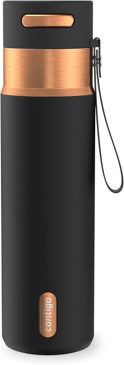 AutoSeal 24 oz Stainless Steel Vacuum-Insulated Water Bottle with Leakproof Push-Button Spout & Lock, Carry Strap, BPA-Free & Lead-Free, Dishwasher Safe