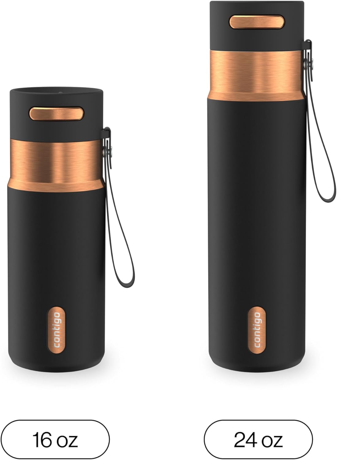 AutoSeal 24 oz Stainless Steel Vacuum-Insulated Water Bottle with Leakproof Push-Button Spout & Lock, Carry Strap, BPA-Free & Lead-Free, Dishwasher Safe