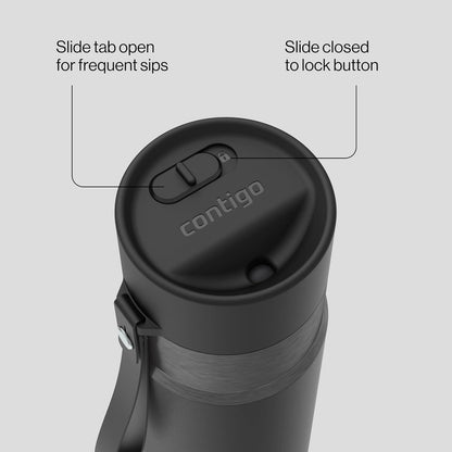 AutoSeal 24 oz Stainless Steel Vacuum-Insulated Water Bottle with Leakproof Push-Button Spout & Lock, Carry Strap, BPA-Free & Lead-Free, Dishwasher Safe
