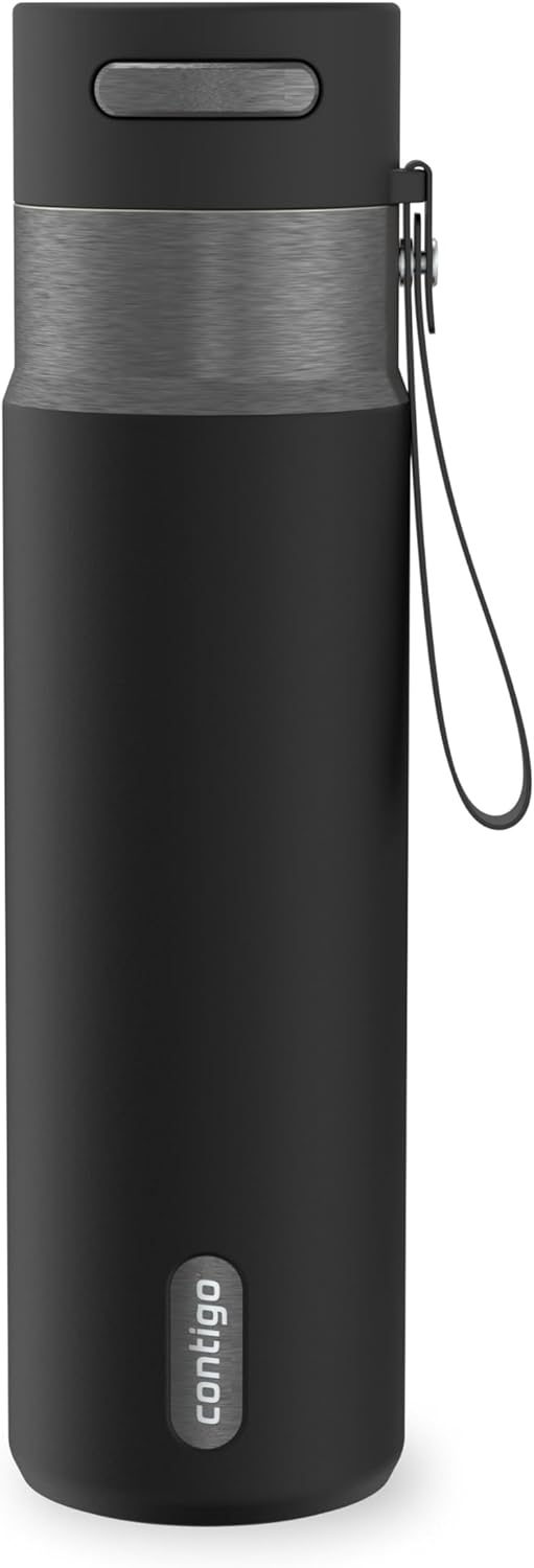 AutoSeal 24 oz Stainless Steel Vacuum-Insulated Water Bottle with Leakproof Push-Button Spout & Lock, Carry Strap, BPA-Free & Lead-Free, Dishwasher Safe