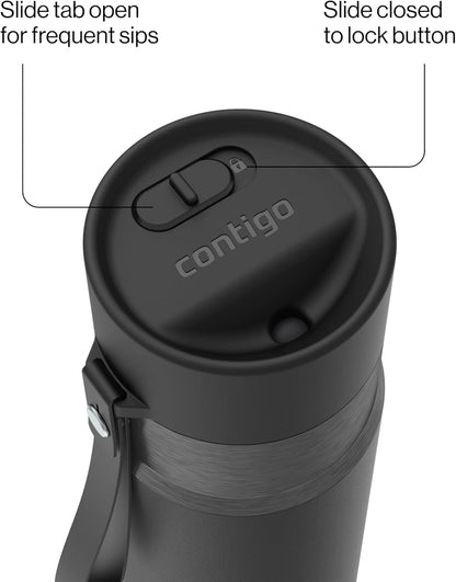 AutoSeal 24 oz Stainless Steel Vacuum-Insulated Water Bottle with Leakproof Push-Button Spout & Lock, Carry Strap, BPA-Free & Lead-Free, Dishwasher Safe
