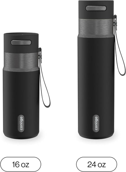 AutoSeal 24 oz Stainless Steel Vacuum-Insulated Water Bottle with Leakproof Push-Button Spout & Lock, Carry Strap, BPA-Free & Lead-Free, Dishwasher Safe