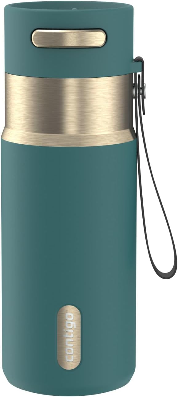 AutoSeal 24 oz Stainless Steel Vacuum-Insulated Water Bottle with Leakproof Push-Button Spout & Lock, Carry Strap, BPA-Free & Lead-Free, Dishwasher Safe