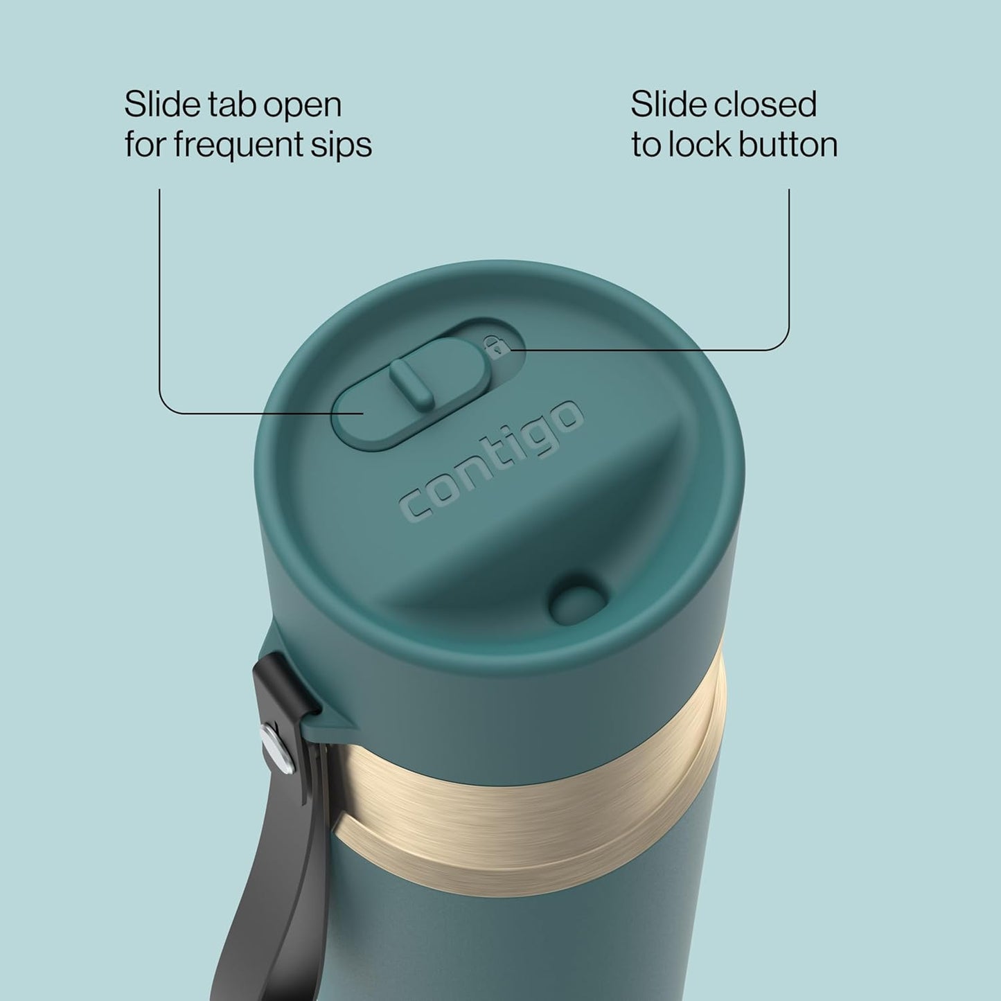 AutoSeal 24 oz Stainless Steel Vacuum-Insulated Water Bottle with Leakproof Push-Button Spout & Lock, Carry Strap, BPA-Free & Lead-Free, Dishwasher Safe