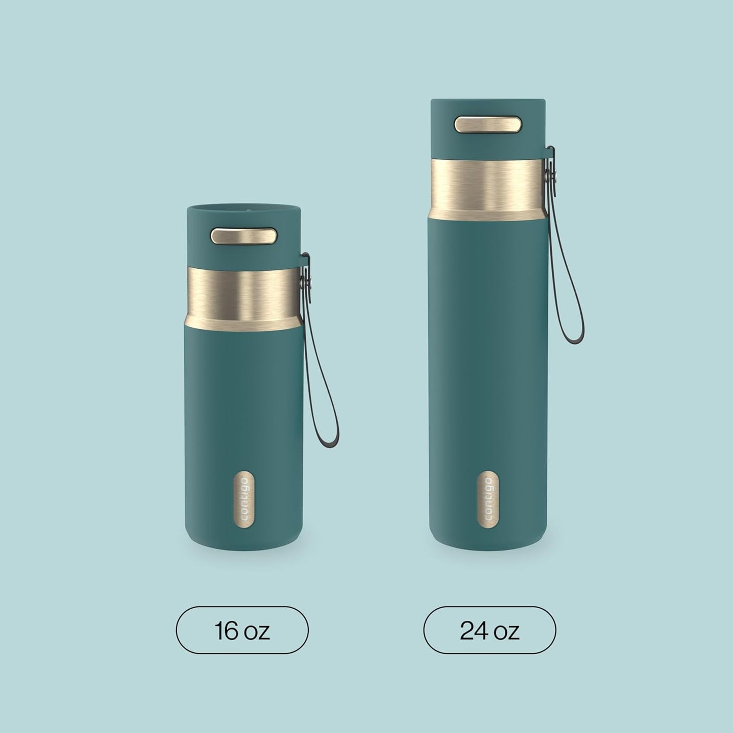 AutoSeal 24 oz Stainless Steel Vacuum-Insulated Water Bottle with Leakproof Push-Button Spout & Lock, Carry Strap, BPA-Free & Lead-Free, Dishwasher Safe