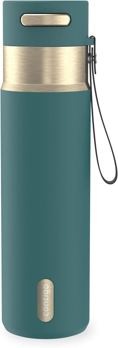 AutoSeal 24 oz Stainless Steel Vacuum-Insulated Water Bottle with Leakproof Push-Button Spout & Lock, Carry Strap, BPA-Free & Lead-Free, Dishwasher Safe