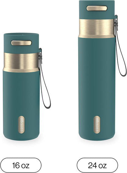 AutoSeal 24 oz Stainless Steel Vacuum-Insulated Water Bottle with Leakproof Push-Button Spout & Lock, Carry Strap, BPA-Free & Lead-Free, Dishwasher Safe