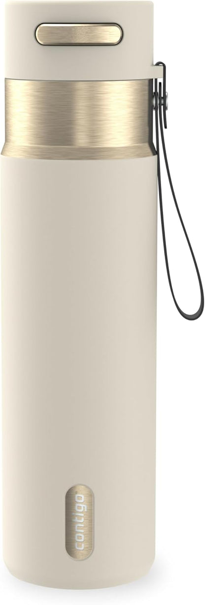 AutoSeal 24 oz Stainless Steel Vacuum-Insulated Water Bottle with Leakproof Push-Button Spout & Lock, Carry Strap, BPA-Free & Lead-Free, Dishwasher Safe