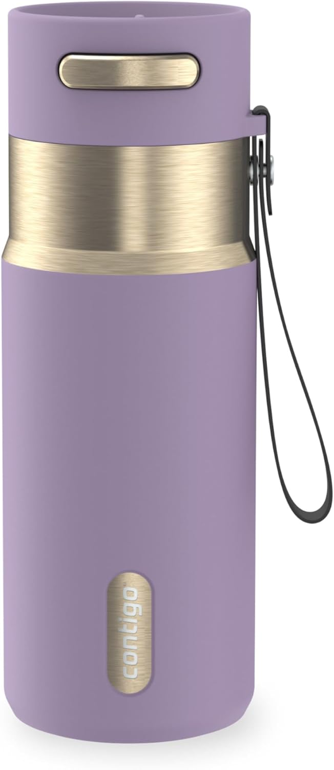 AutoSeal 24 oz Stainless Steel Vacuum-Insulated Water Bottle with Leakproof Push-Button Spout & Lock, Carry Strap, BPA-Free & Lead-Free, Dishwasher Safe