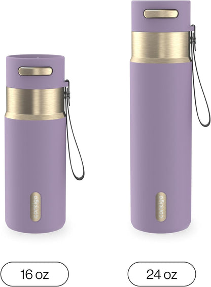 AutoSeal 24 oz Stainless Steel Vacuum-Insulated Water Bottle with Leakproof Push-Button Spout & Lock, Carry Strap, BPA-Free & Lead-Free, Dishwasher Safe