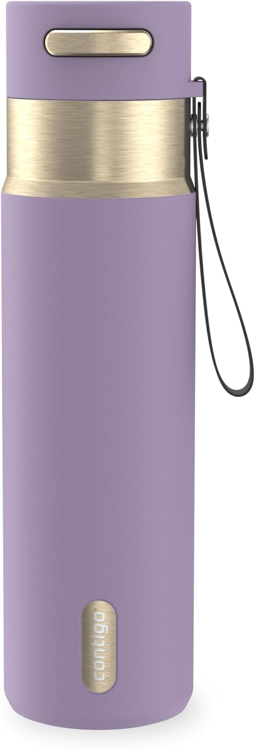 AutoSeal 24 oz Stainless Steel Vacuum-Insulated Water Bottle with Leakproof Push-Button Spout & Lock, Carry Strap, BPA-Free & Lead-Free, Dishwasher Safe