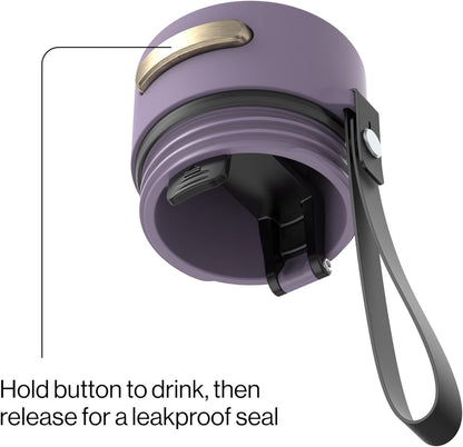 AutoSeal 24 oz Stainless Steel Vacuum-Insulated Water Bottle with Leakproof Push-Button Spout & Lock, Carry Strap, BPA-Free & Lead-Free, Dishwasher Safe