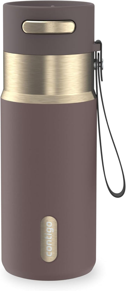 AutoSeal 24 oz Stainless Steel Vacuum-Insulated Water Bottle with Leakproof Push-Button Spout & Lock, Carry Strap, BPA-Free & Lead-Free, Dishwasher Safe