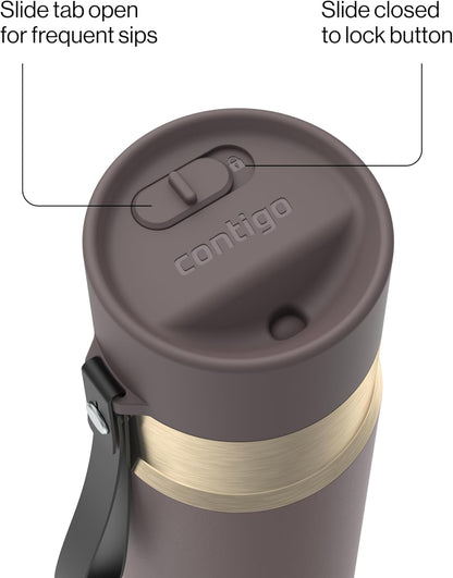 AutoSeal 24 oz Stainless Steel Vacuum-Insulated Water Bottle with Leakproof Push-Button Spout & Lock, Carry Strap, BPA-Free & Lead-Free, Dishwasher Safe