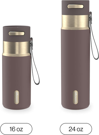 AutoSeal 24 oz Stainless Steel Vacuum-Insulated Water Bottle with Leakproof Push-Button Spout & Lock, Carry Strap, BPA-Free & Lead-Free, Dishwasher Safe