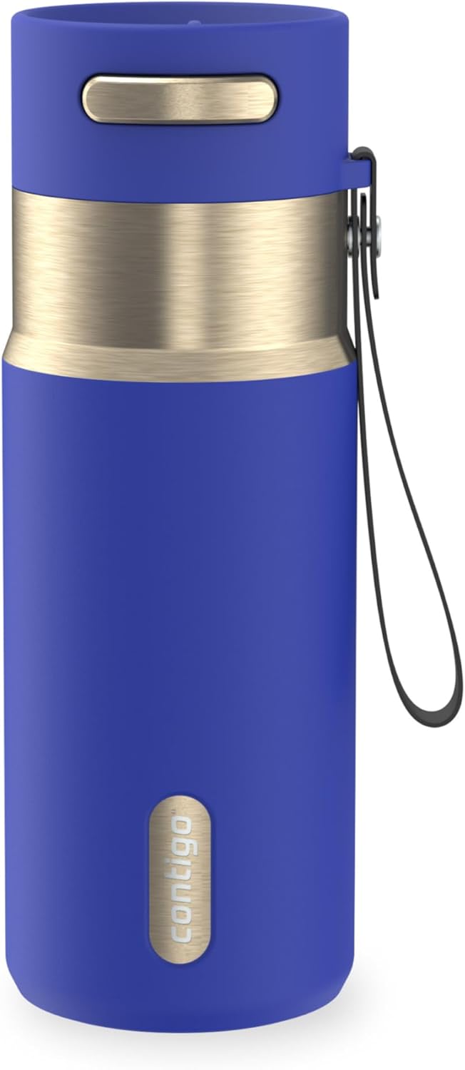AutoSeal 24 oz Stainless Steel Vacuum-Insulated Water Bottle with Leakproof Push-Button Spout & Lock, Carry Strap, BPA-Free & Lead-Free, Dishwasher Safe