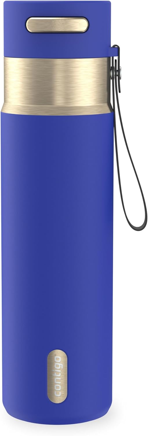AutoSeal 24 oz Stainless Steel Vacuum-Insulated Water Bottle with Leakproof Push-Button Spout & Lock, Carry Strap, BPA-Free & Lead-Free, Dishwasher Safe